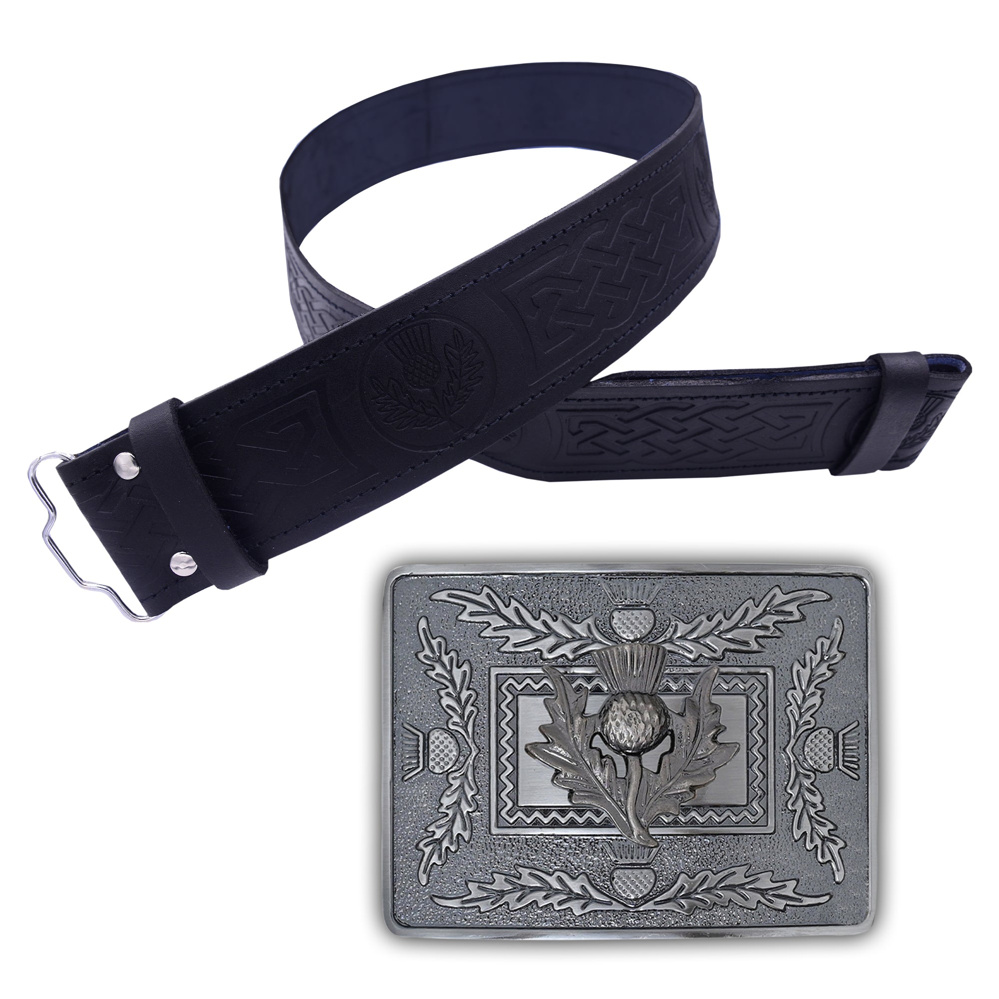 Kilt Belt and Buckle Set - Scottish Thistle Design/Leather Kilt Belt Thistle Embossed Handmade/Celtic Knot Kilt Belt with Buckle Antique