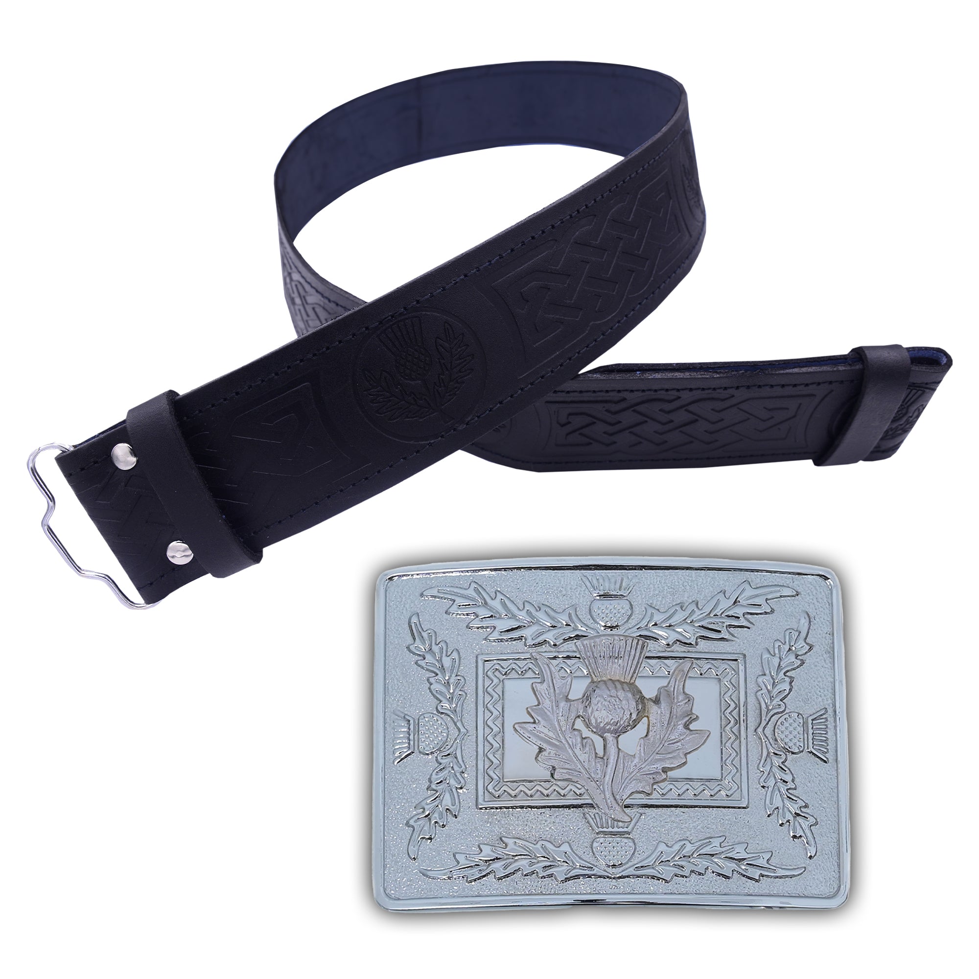 Kilt Belt and Buckle Set - Scottish Thistle Design/Leather Kilt Belt Thistle Embossed Handmade/Celtic Knot Kilt Belt with Buckle Antique