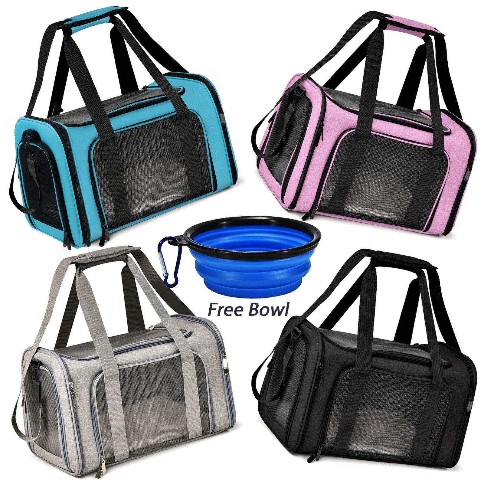 Portable Pet Carrier Bag, Top Opening, Removable Mat and Breathable Mesh, Airline Approved Pet Carrier Foldable Transport Carrier for Dogs and Cats, with Shoulder Strap and Pet Bowl
